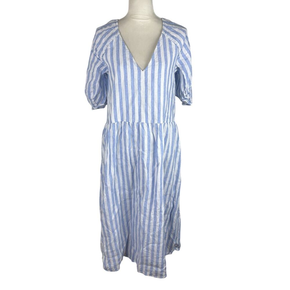 Everlane The Linen Oversized Puff Sleeve Midi Dress Striped Blue V-Neck Size XS - Picture 4 of 11